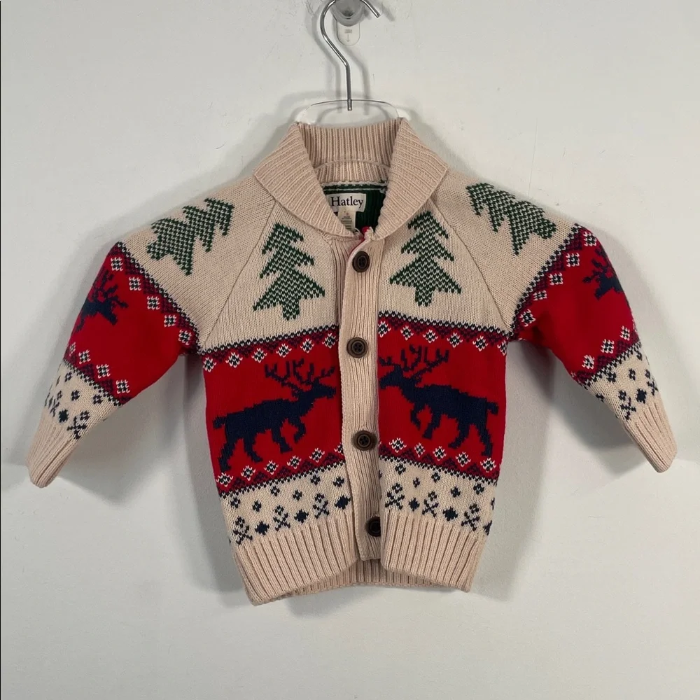 Hatley Kids Red Cream Reindeer Christmas Tree Fair Isle Shawl Cardigan Sweater 2
